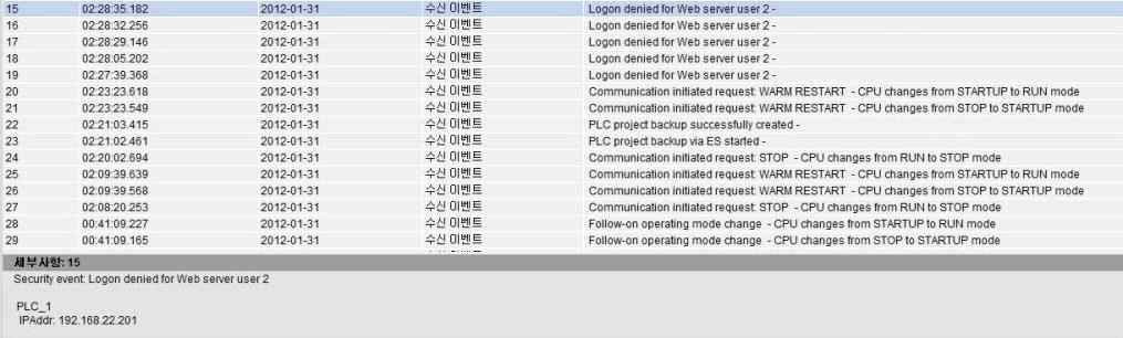 제어 H/W의 사용기록 저장 화면 확인 예시